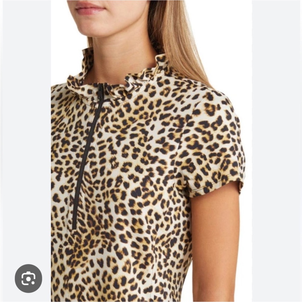 Tommy Bahama Leopard Print Ruffle Zip-Up Short Sleeve Top - Black, Brown, Cream